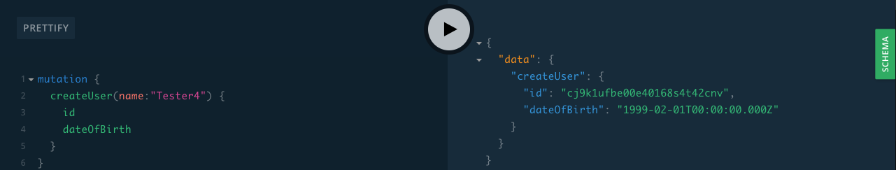Graphql UI creating a user with the mutation function to receive Date of Birth