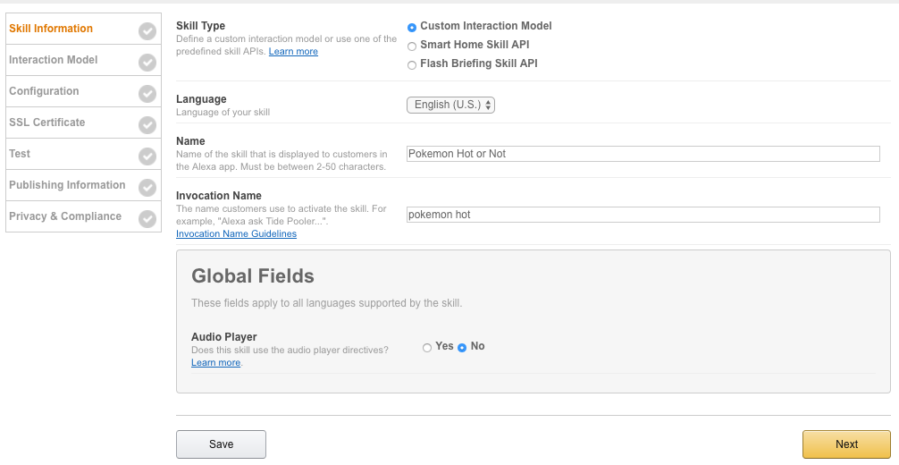 Form inputs to insert skill information