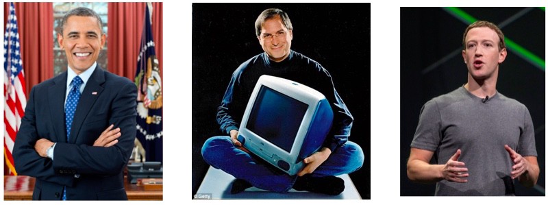 Barack Obama smiling in White House on left, Steve Jobs holding computer in the middle and Mark Zuckerberg