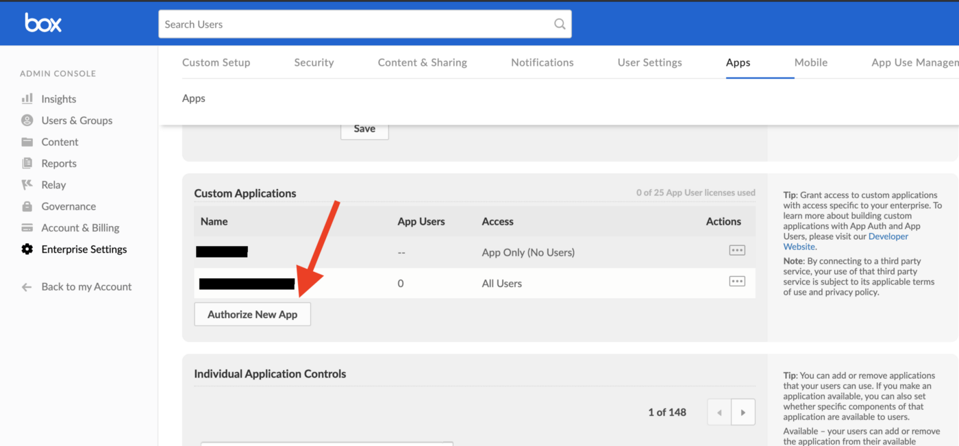 Activate new App button on Box.com