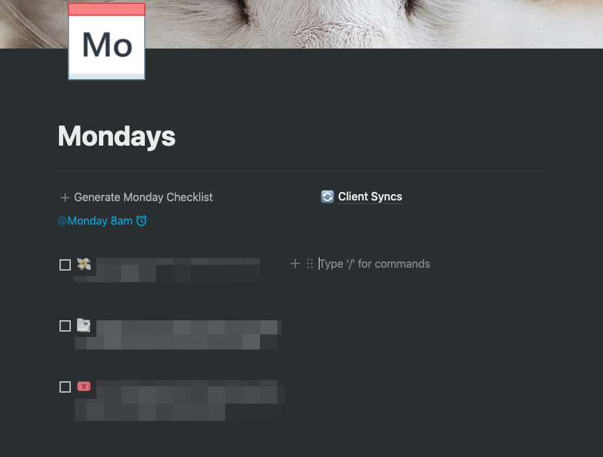 A Notion page showing the Monday checklist of the routines page of the dashboard.