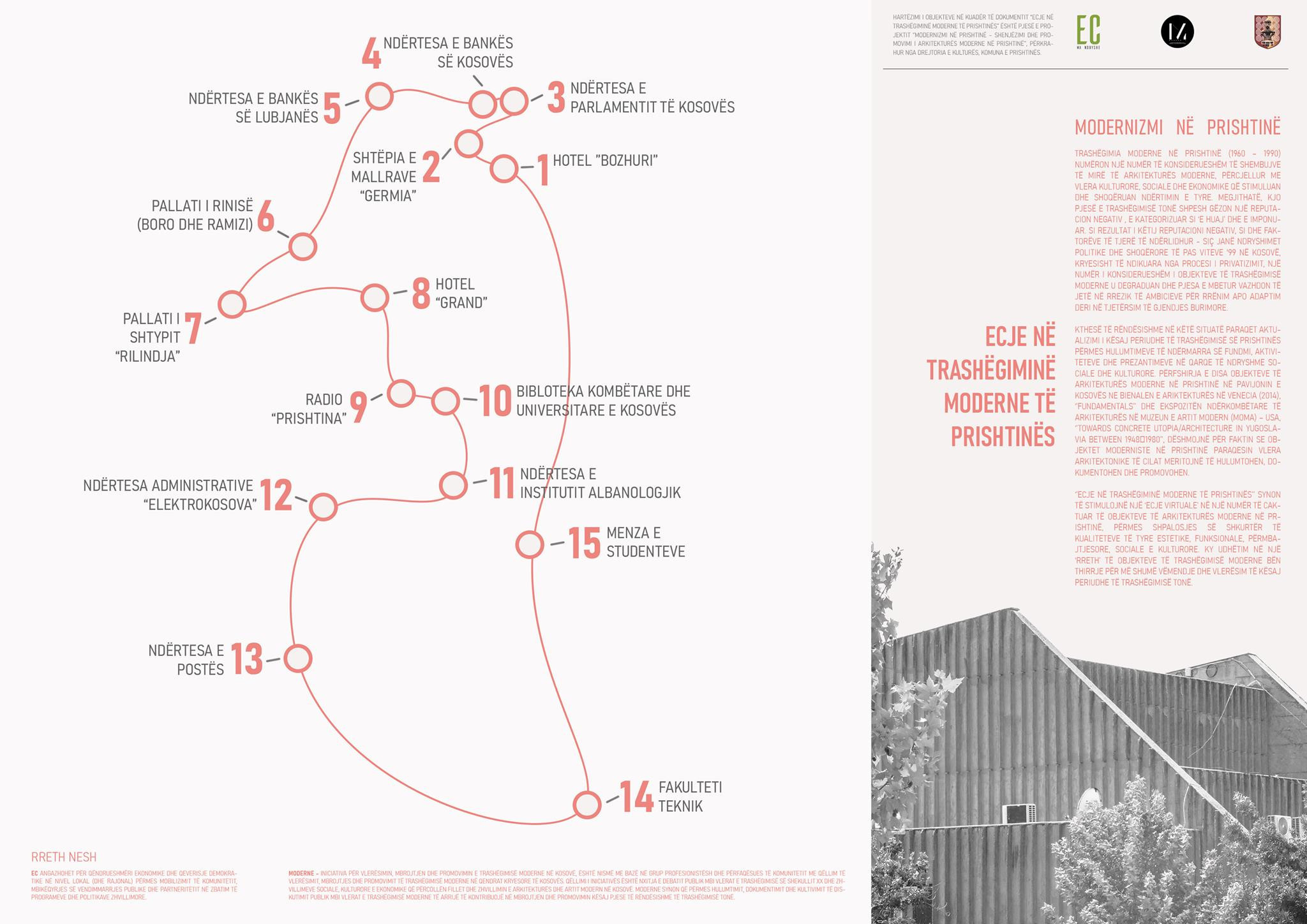 EC dhe MODERNe - Iniciativa për Vlerësimin, Mbrojtjen dhe Promovimin e Trashëgimisë Moderne në Kosovë në kuadër të projektit “MODERNIZMI NË PRISHTINË – Shenjëzimi dhe promovimi i Arkitekturës Moderne në Prishtinë’’ kanë realizuar hartën interaktive  ‘’Ecje në trashëgiminë moderne të Prishtinës’’