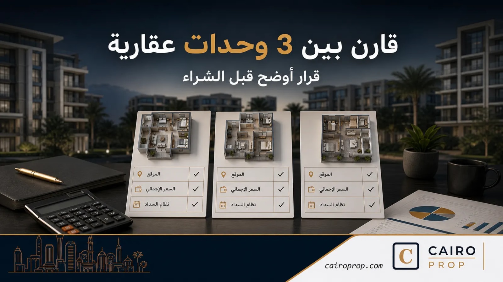 مقارنة منظمة بين ثلاث وحدات عقارية قبل الشراء