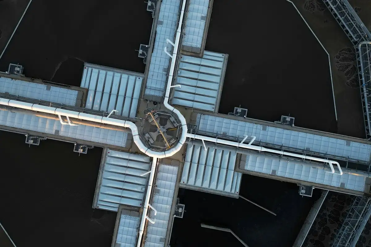 Circular wastewater treatment basin.