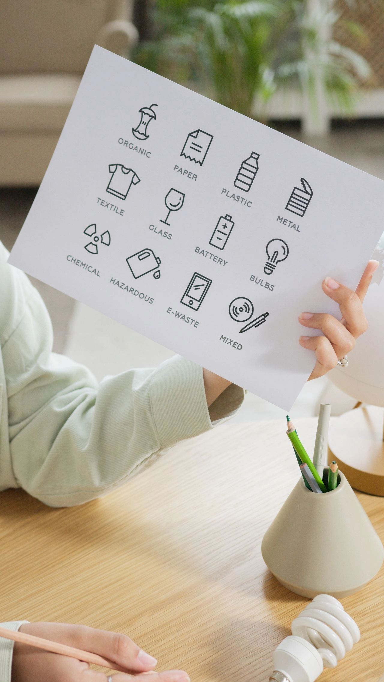 Person holding a paper with recycling symbols