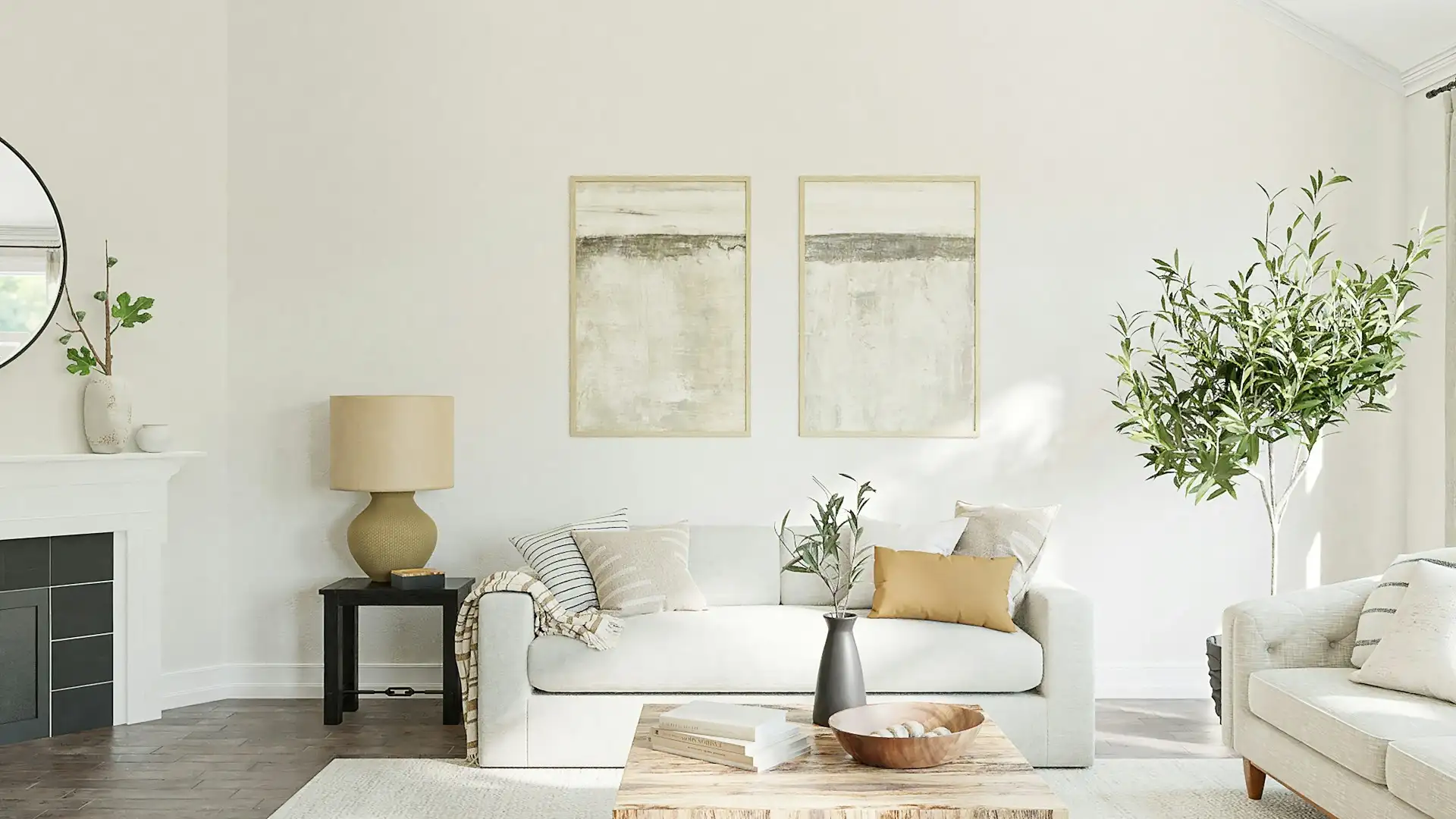 A sunlit living room with a light oak hardwood floor and houseplants