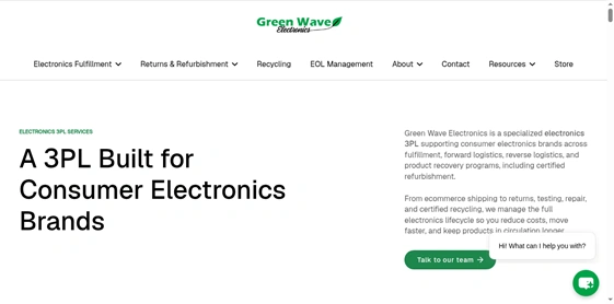 Green Wave Electronics’ homepage, highlighting its integrated reverse logistics, refurbishment, and R2v3-certified recycling services.