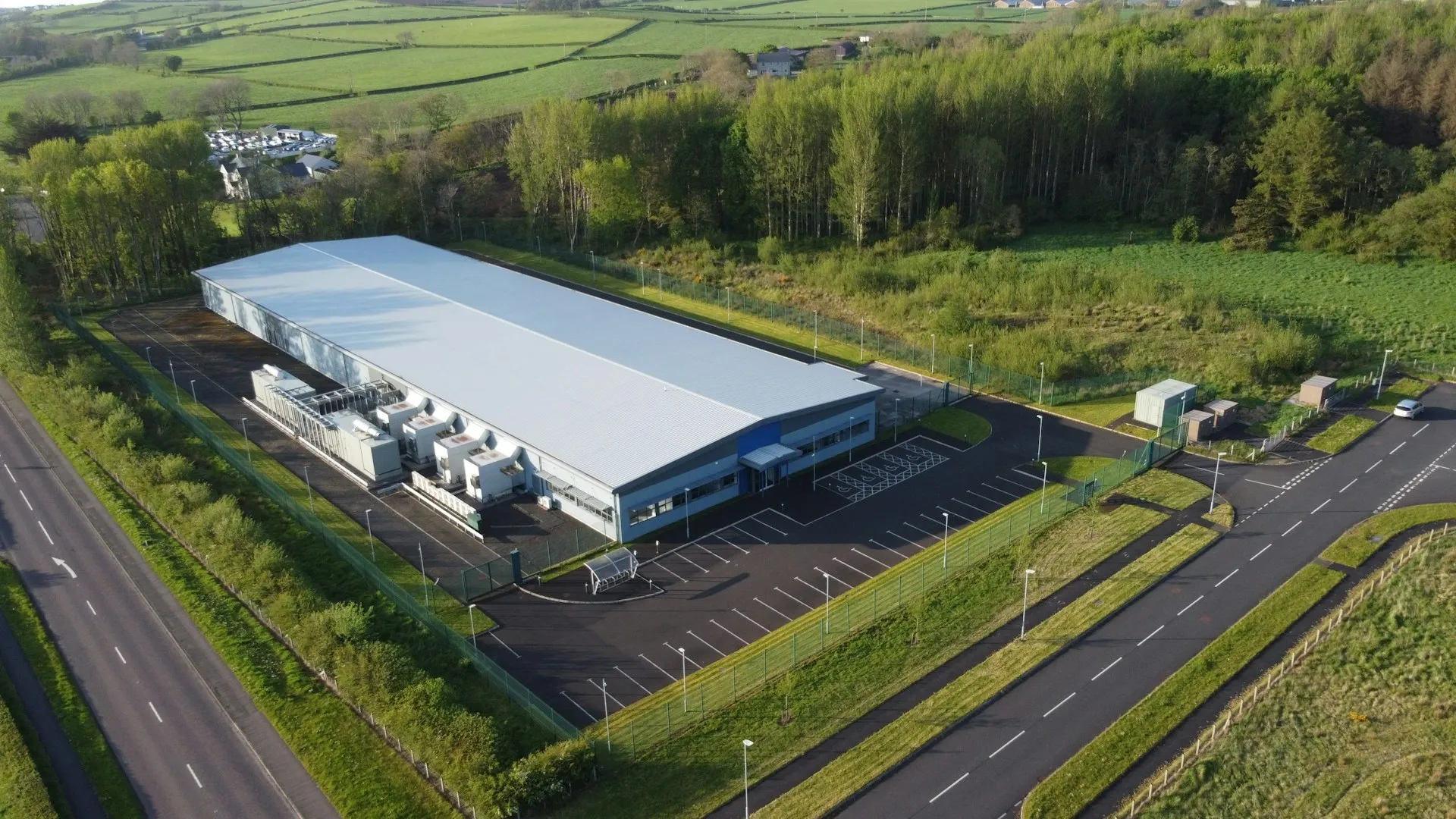 An aerial view of a large industrial building