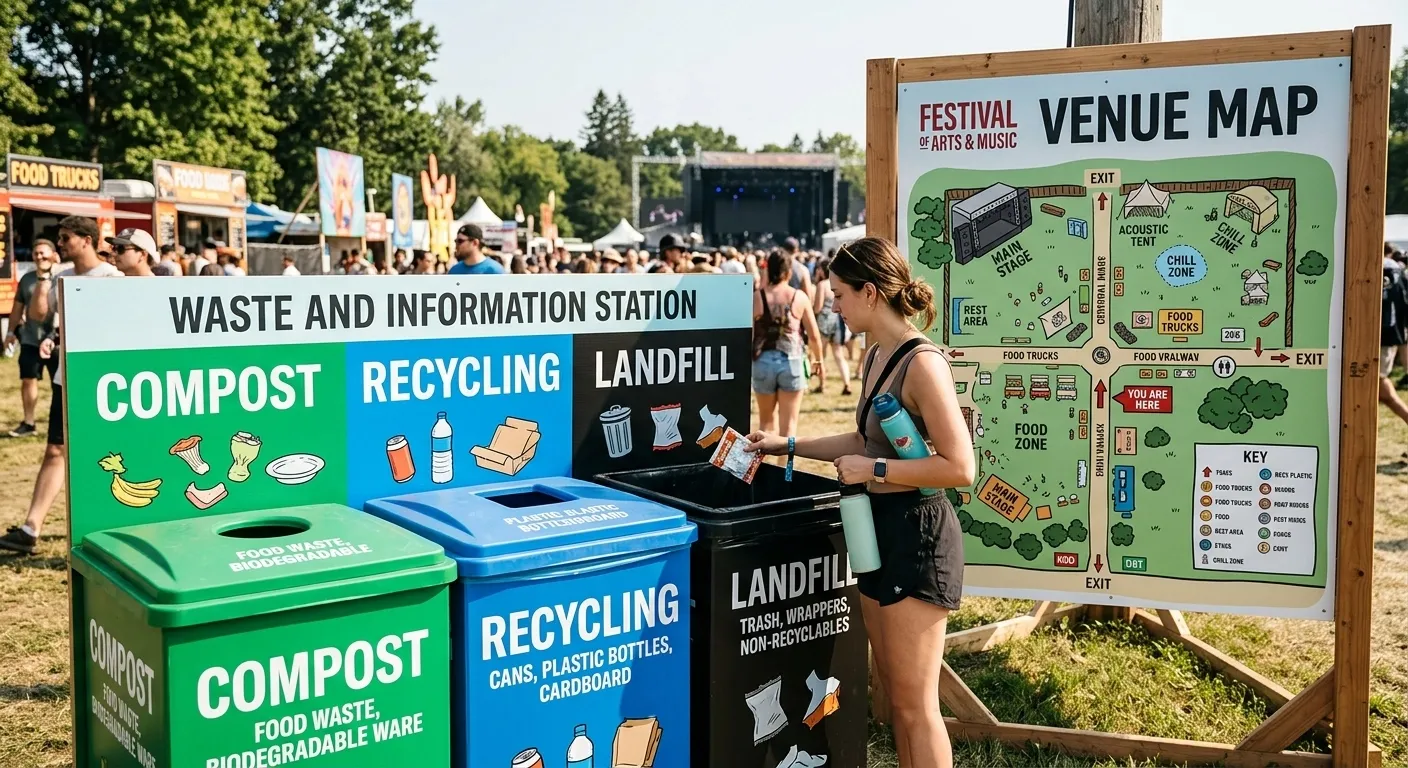Compost, recycling, landfill bins with venue map at event.