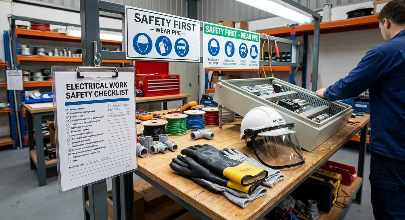 Electrical workshop setup with helmets, gloves, and safety checklist.
