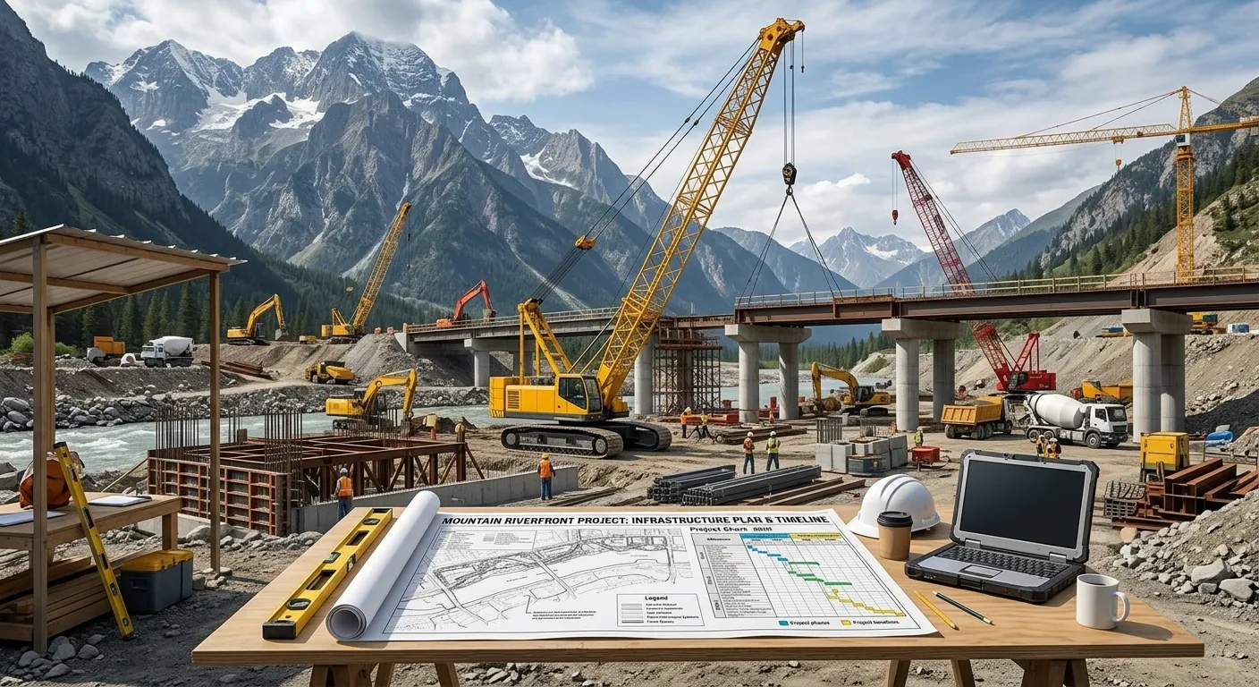 Construction site with crane, blueprints, and mountains in background.
