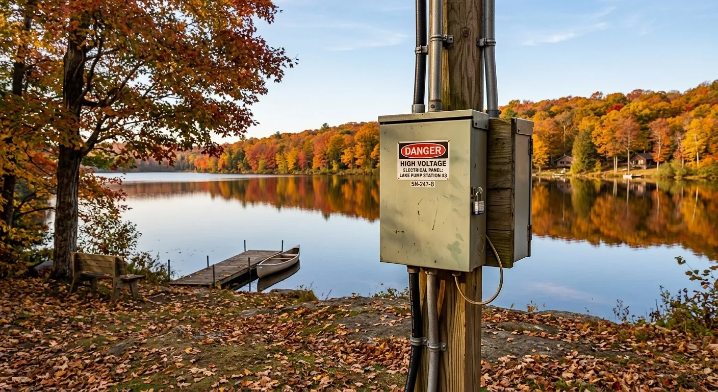 Electrical box by a serene lakeside in fall.