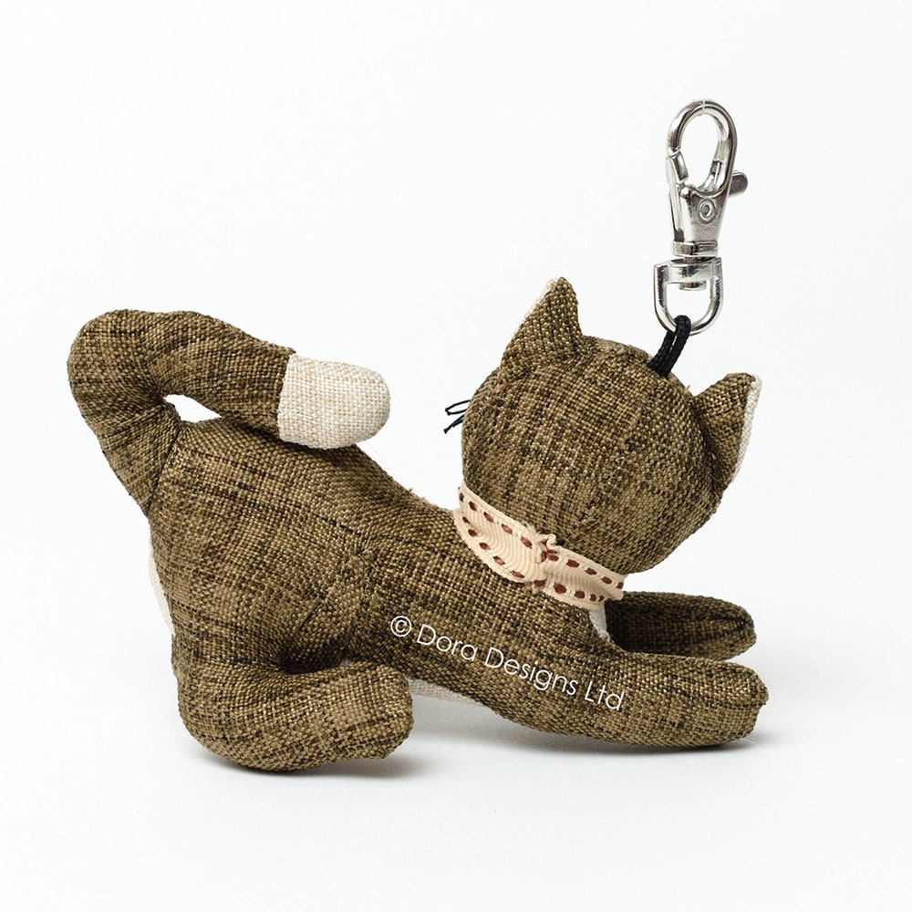Khaki Linen Tabby Cat Key Ring Sale Dora Designs Ltd