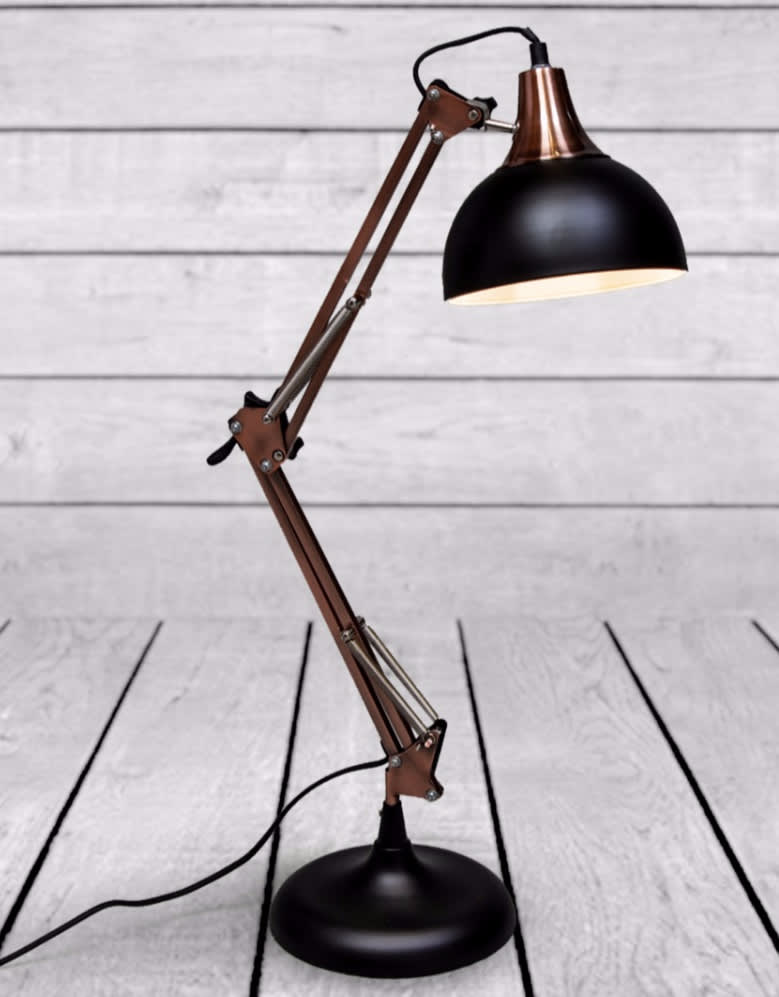 Matt Black/Vintage Copper Arms Traditional Desk Lamp (Black Fabric Flex)