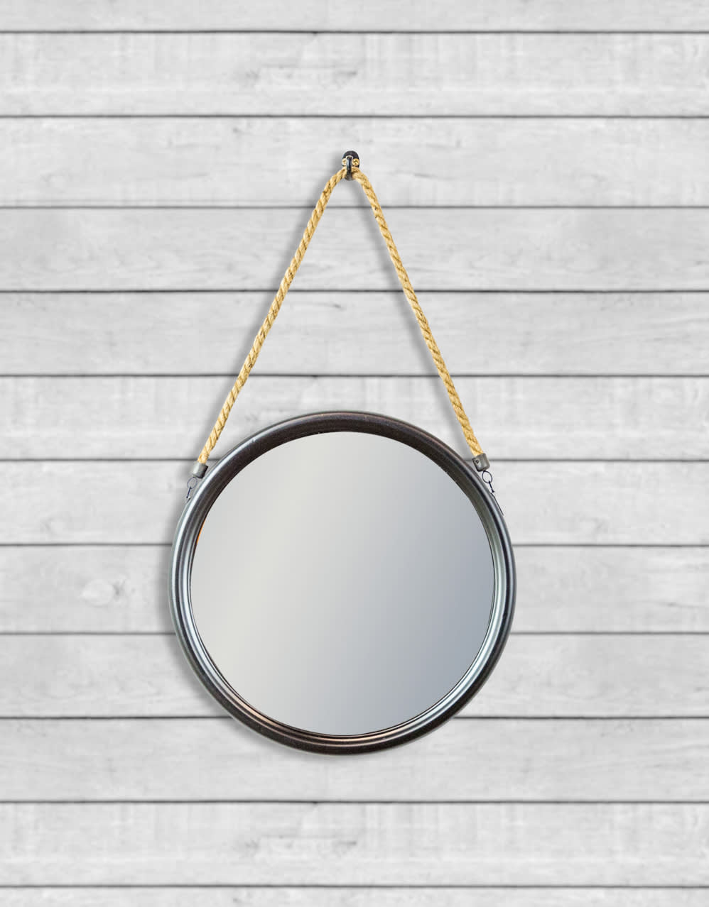 Small Round Black Metal Mirror on Hanging Rope with Hook