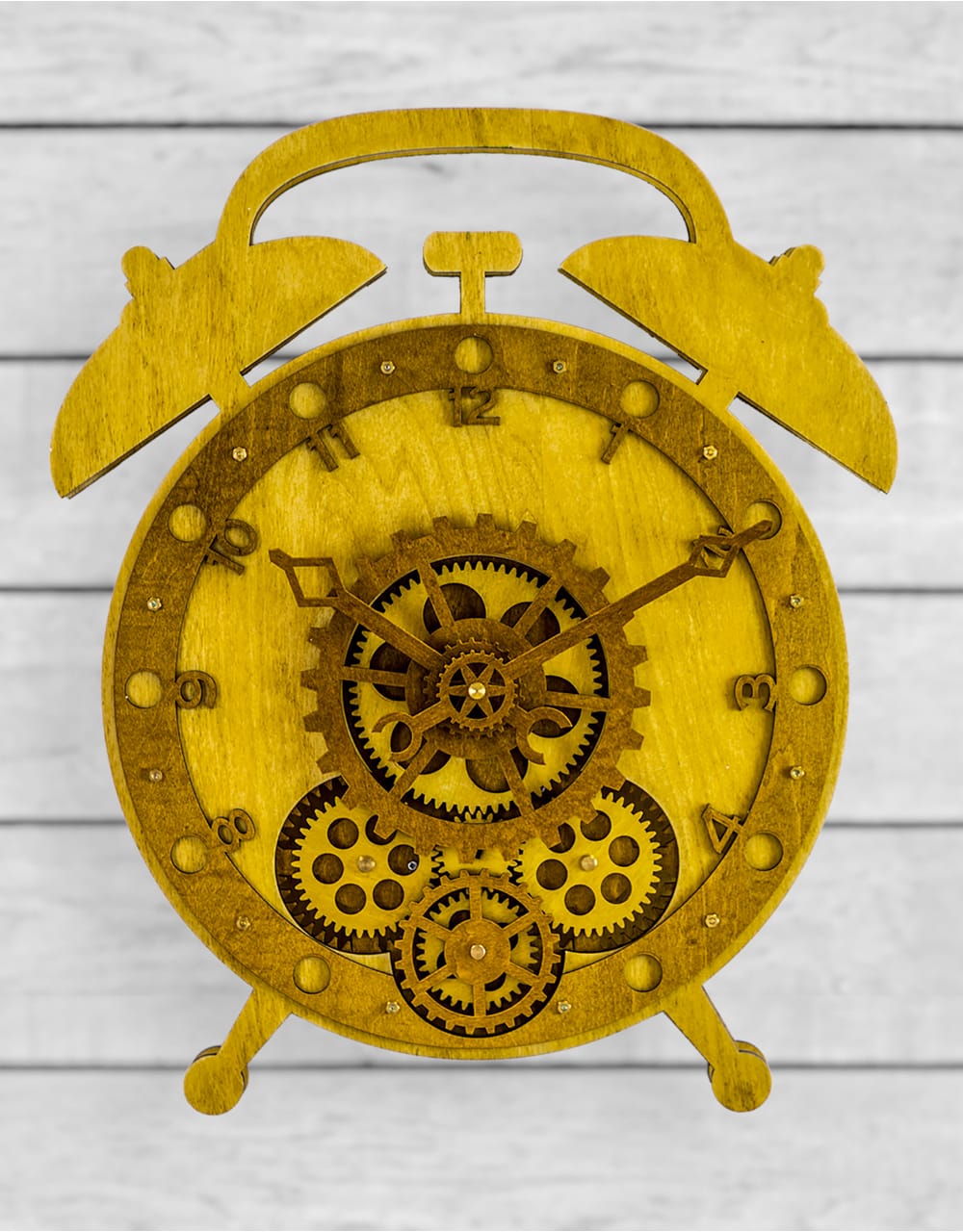 Wooden Alarm Clock Style Moving Gears Wall Clock