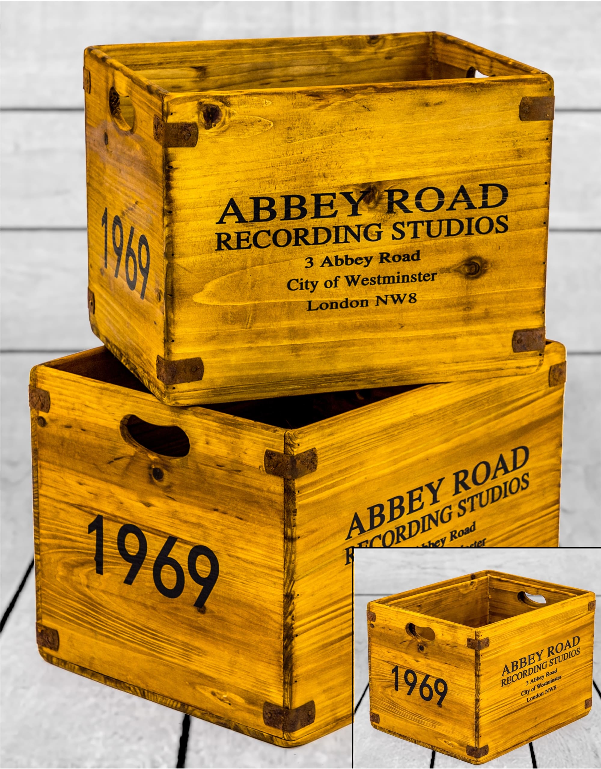 Set of 2 Antiqued Wooden "Abbey Road" LP Record Storage Boxes