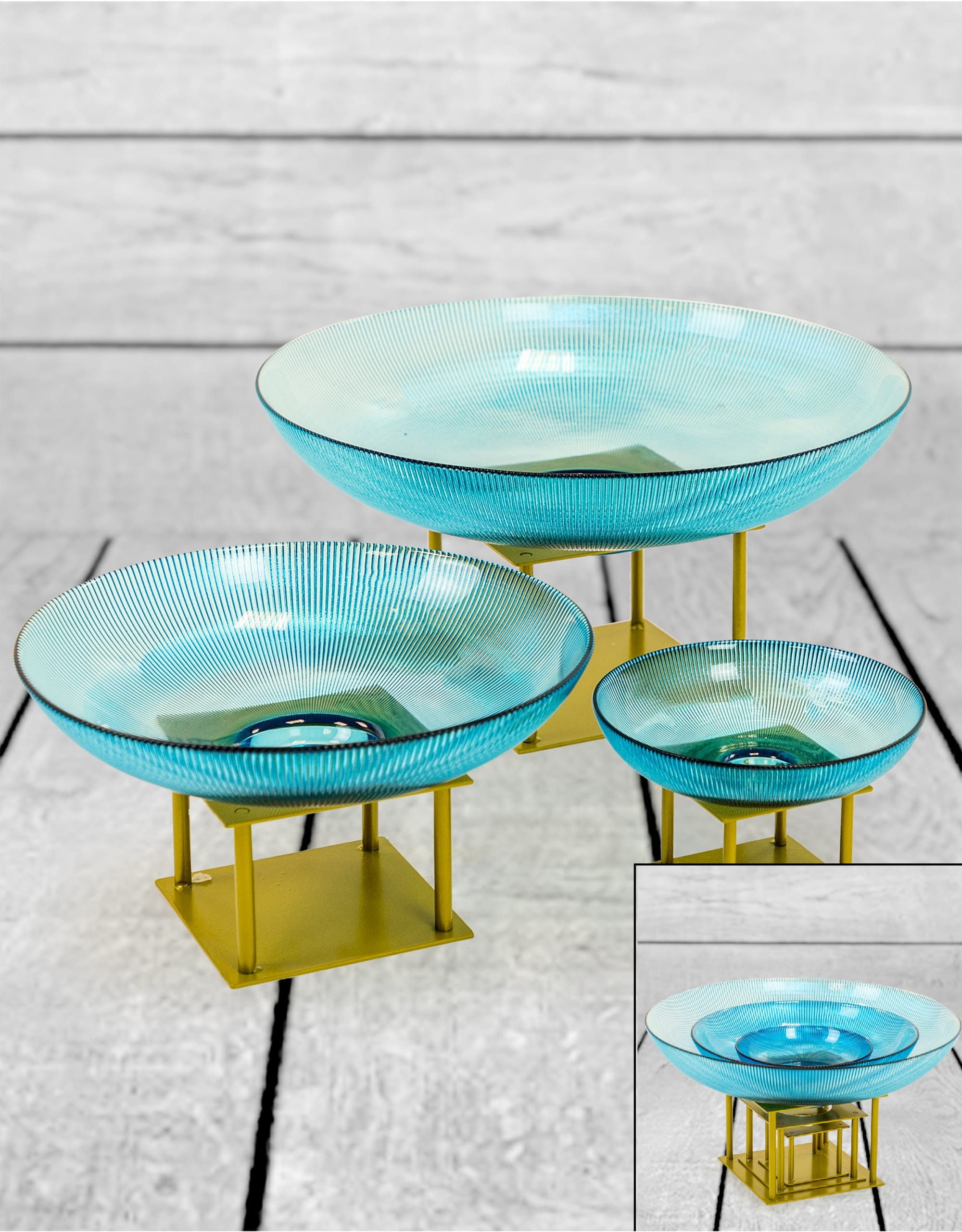Set of 3 Deco Blue Glass Bowls on Gold Stands
