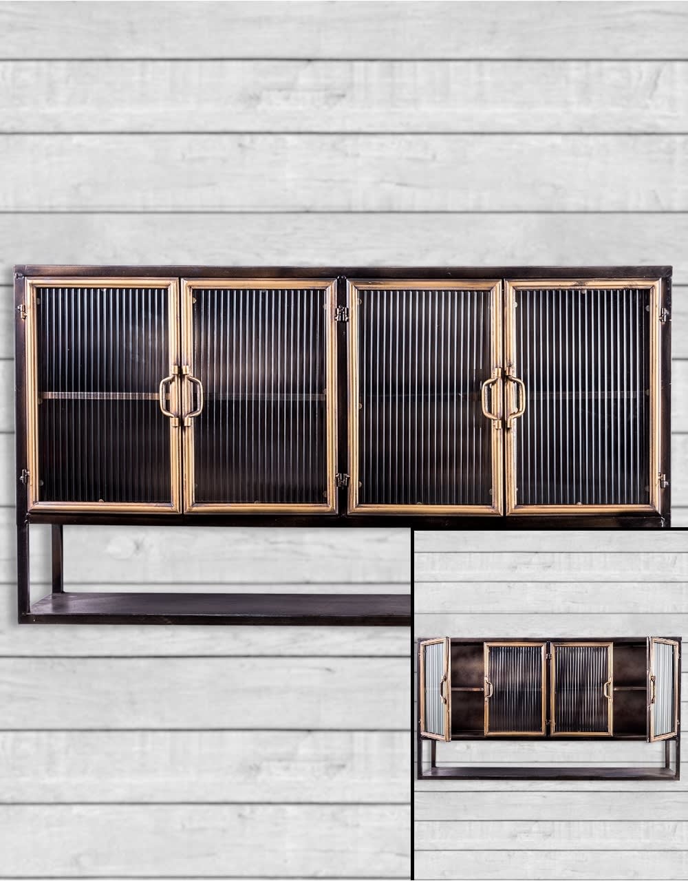 Black and Antique Gold "Orwell" Wide Metal Wall with Shelf