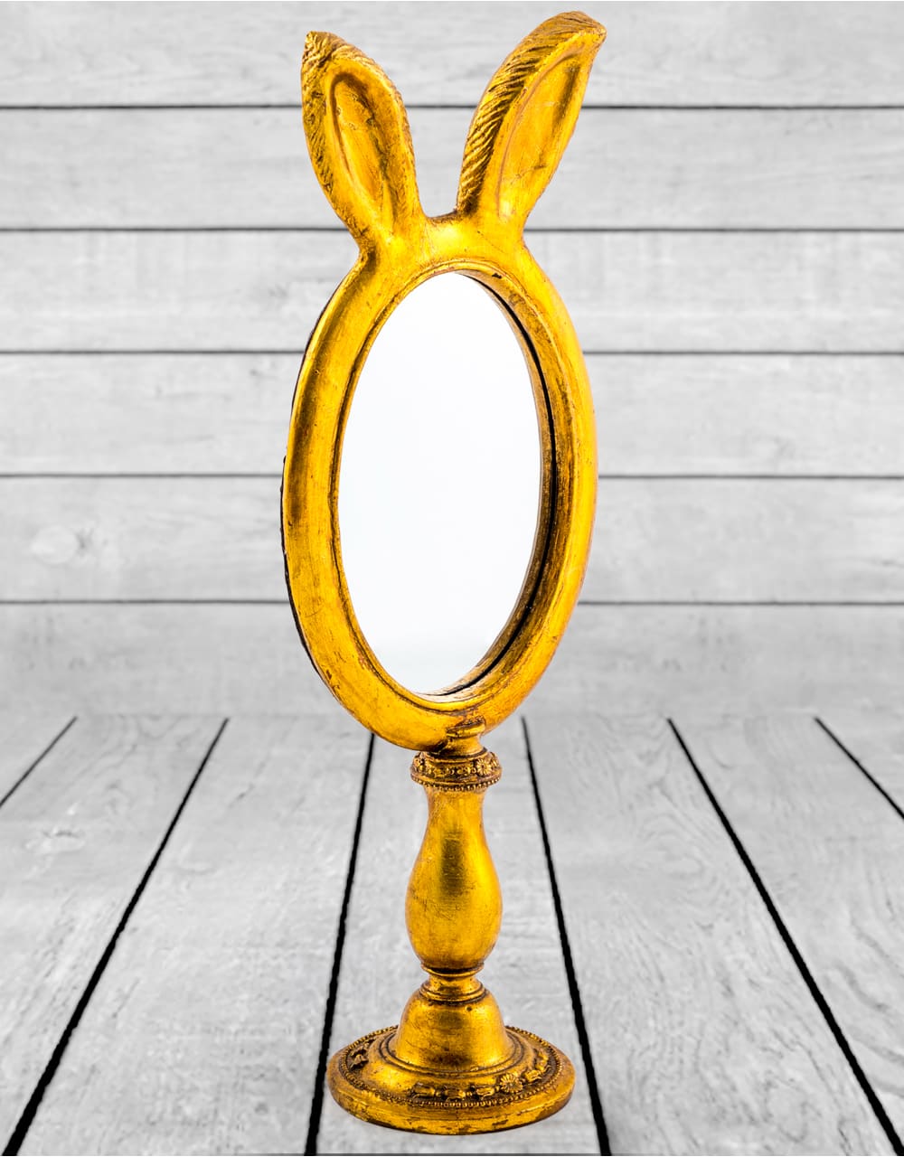 Large Antique Gold Rabbit Ears Table Mirror