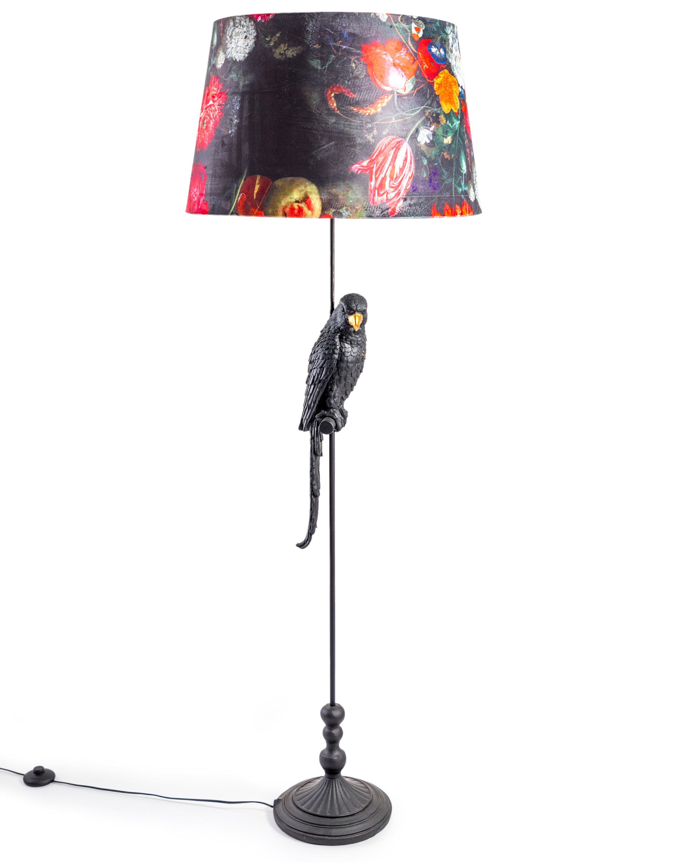 Matt Black Parrot Floor Lamp with Boho Floral Shade