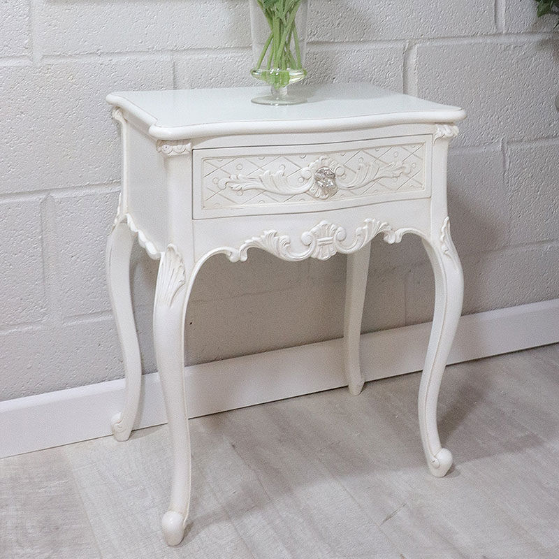 French Style White Bedside Table Crystal Handles Nicky Cornell