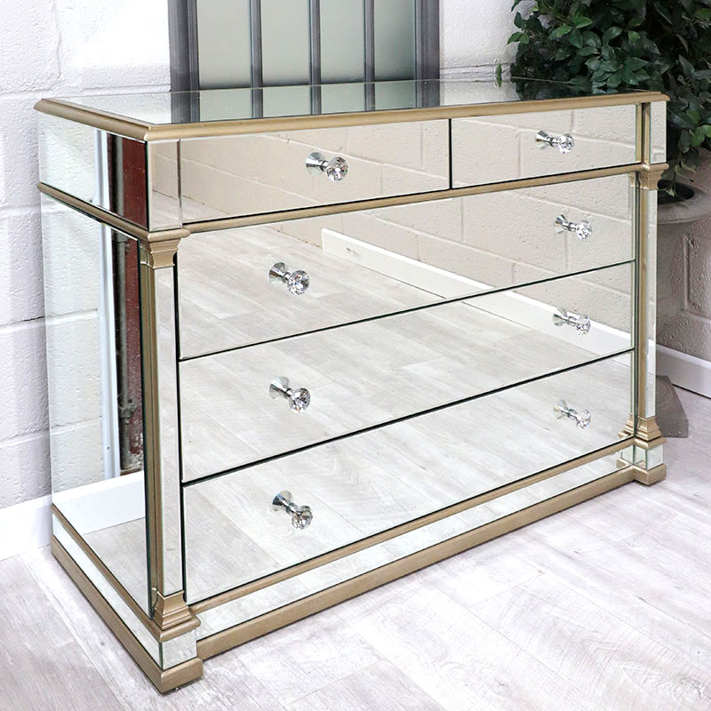 Coco Mirrored Column Chest of Drawers Brushed Gold