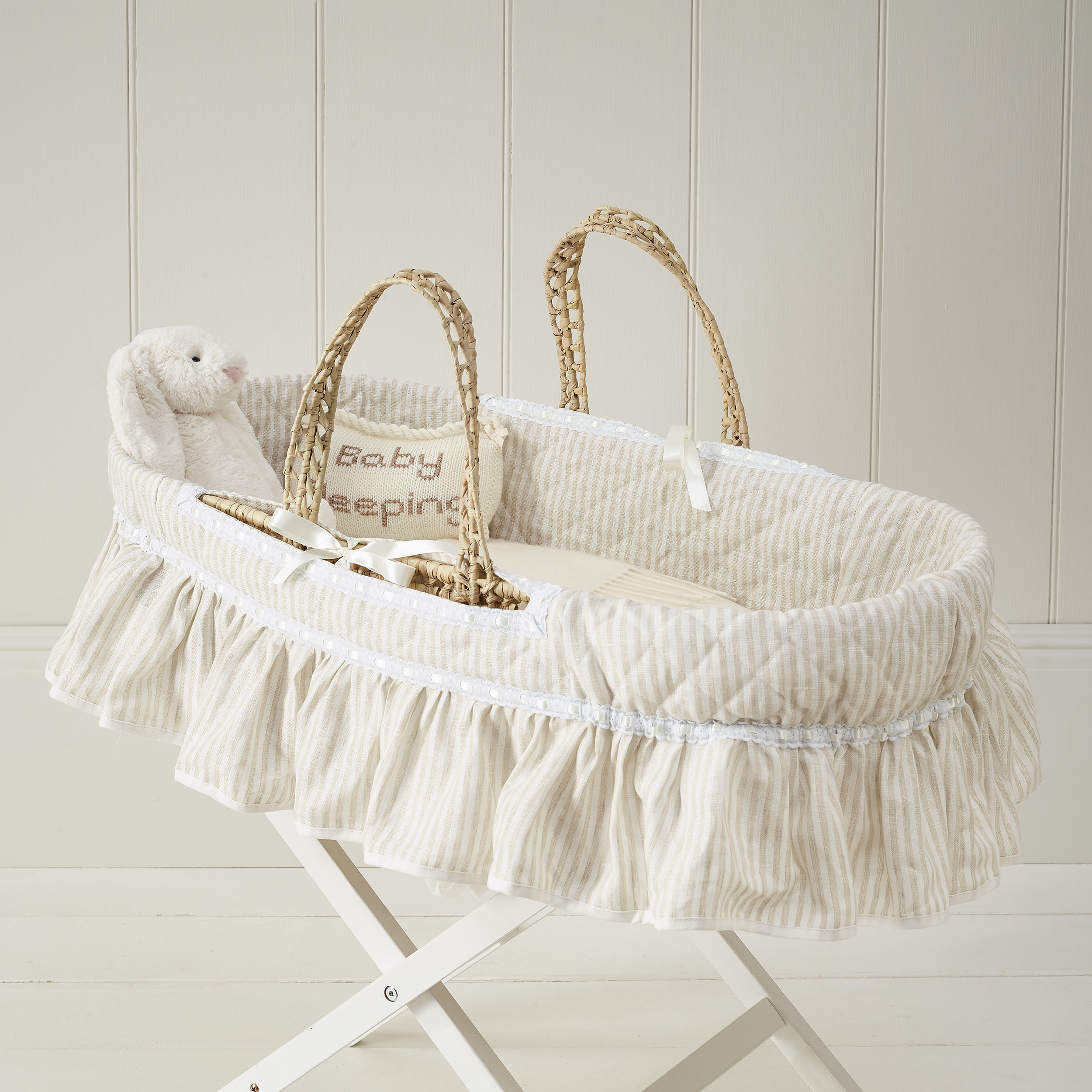 Moses Basket Set Linen Stripe Beige