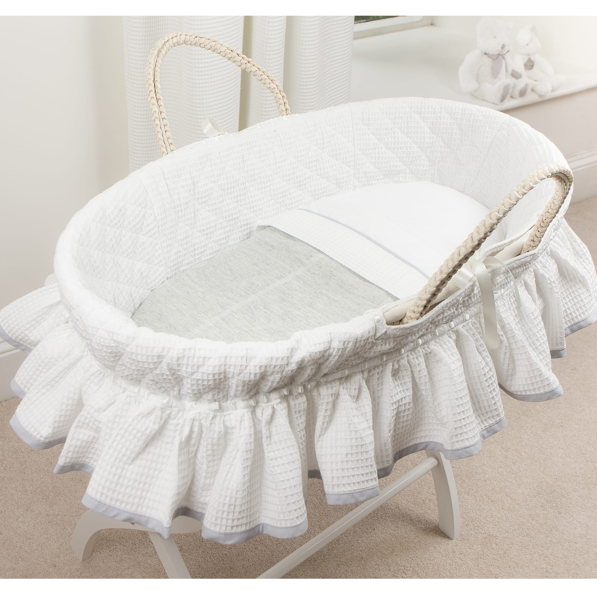 Moses Basket Set Waffle Blue Trim