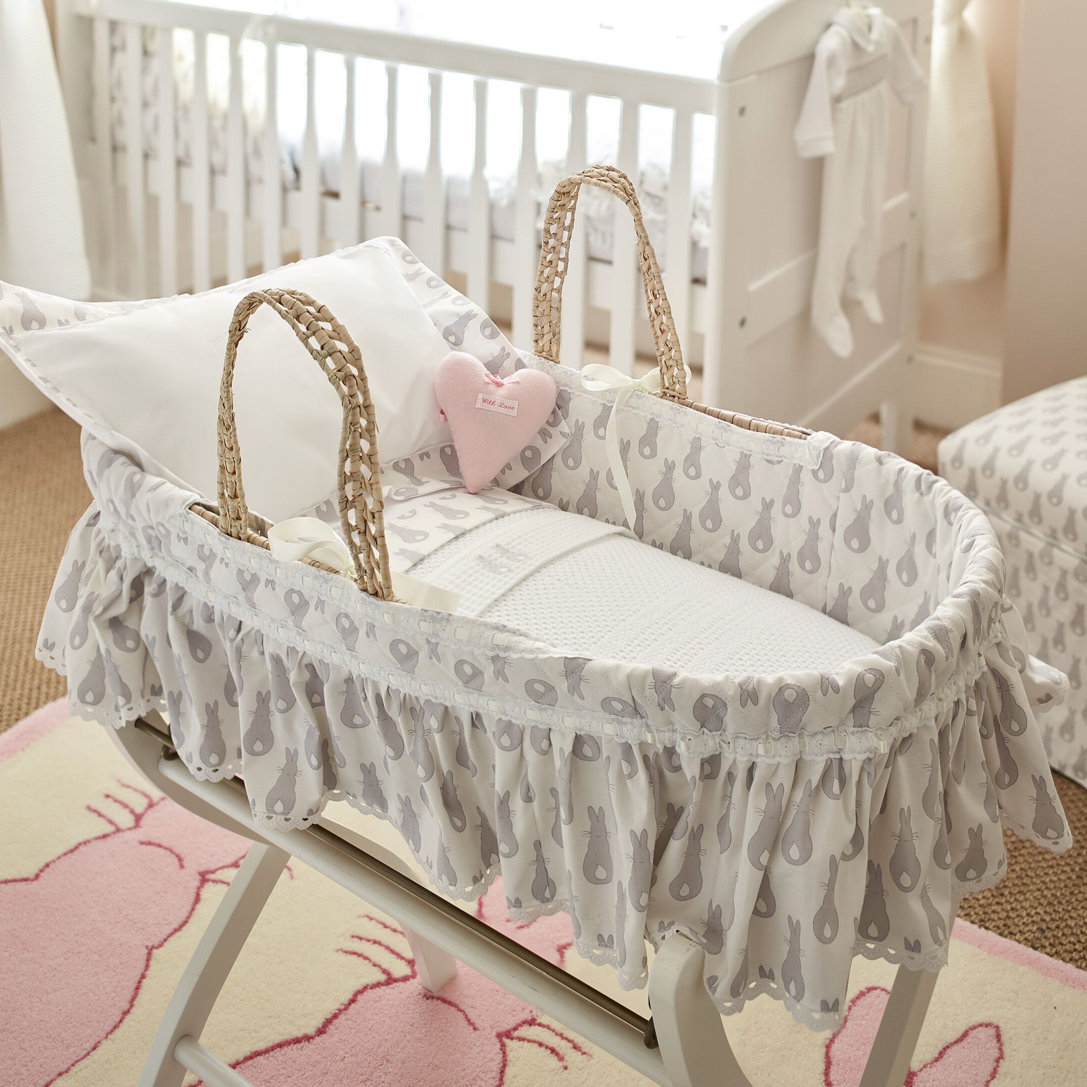 Moses Basket Set- Rabbit Trellis Grey