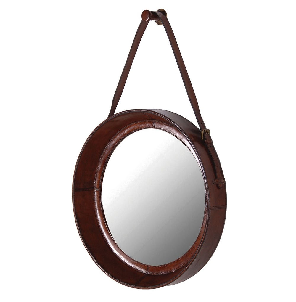 Round Leather Mirror with Hanging Strap Nicky Cornell