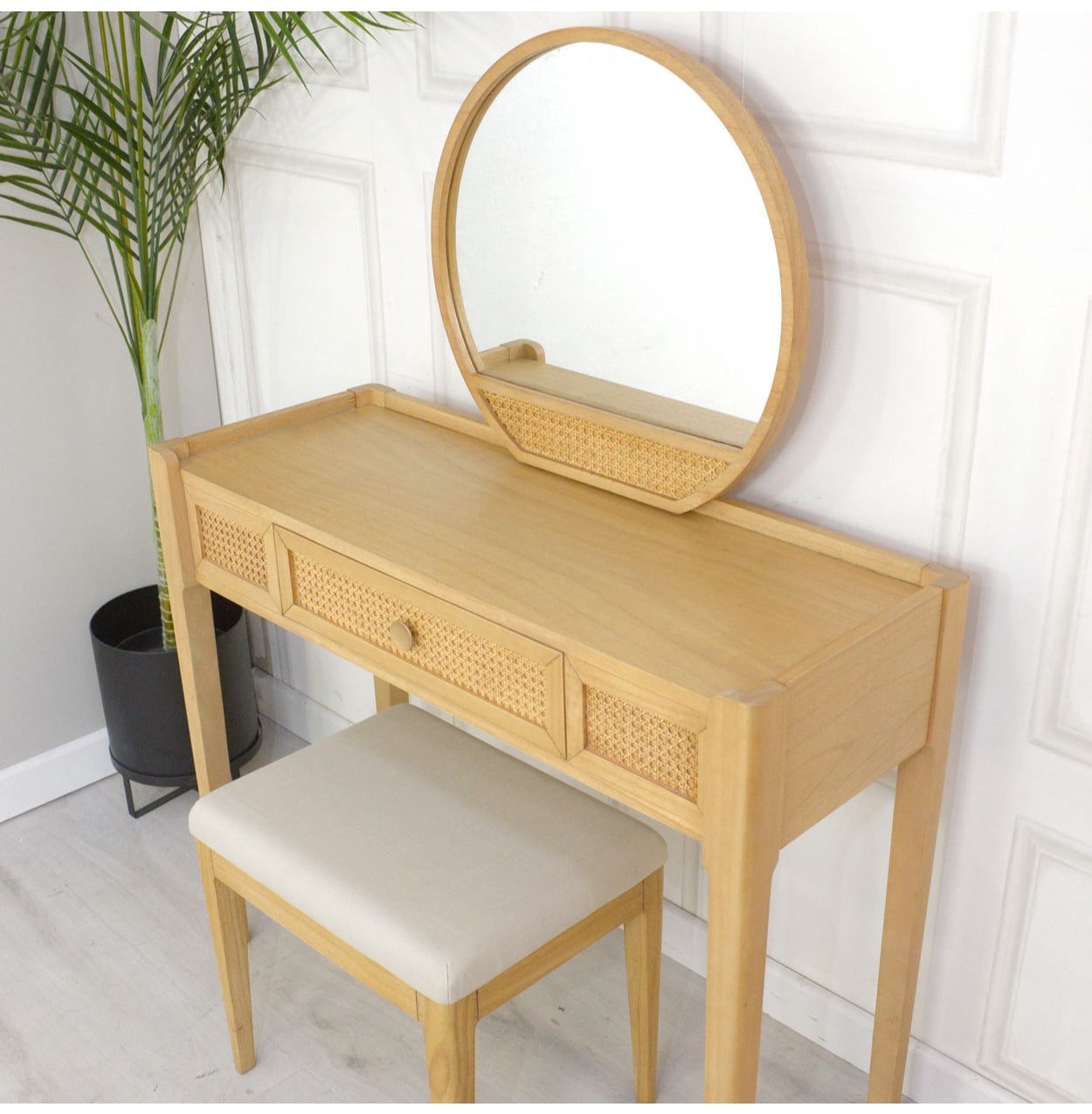 Bali Rattan Dressing Table Mirror and Stool Set by Baker Furniture