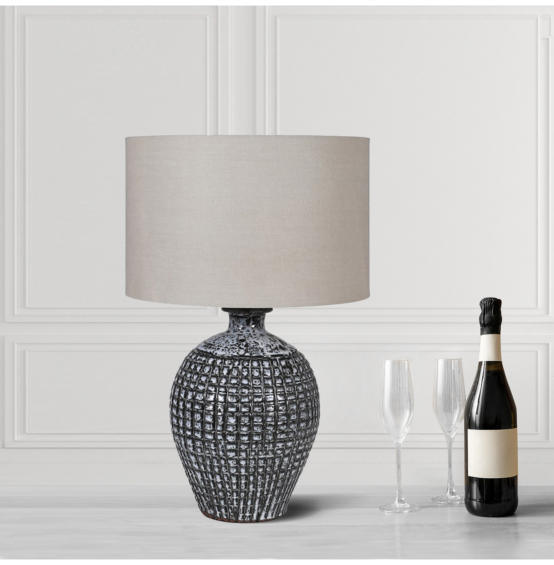 Textured Grey Table Lamp with Linen Shade Nicky Cornell