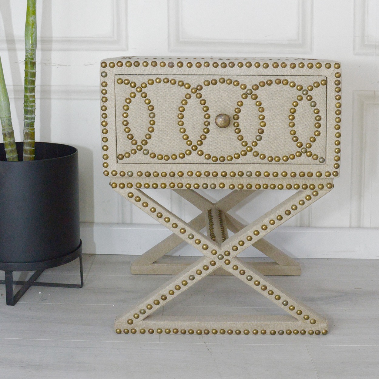 Studded Linen Cross Leg Bedside Table Nicky Cornell
