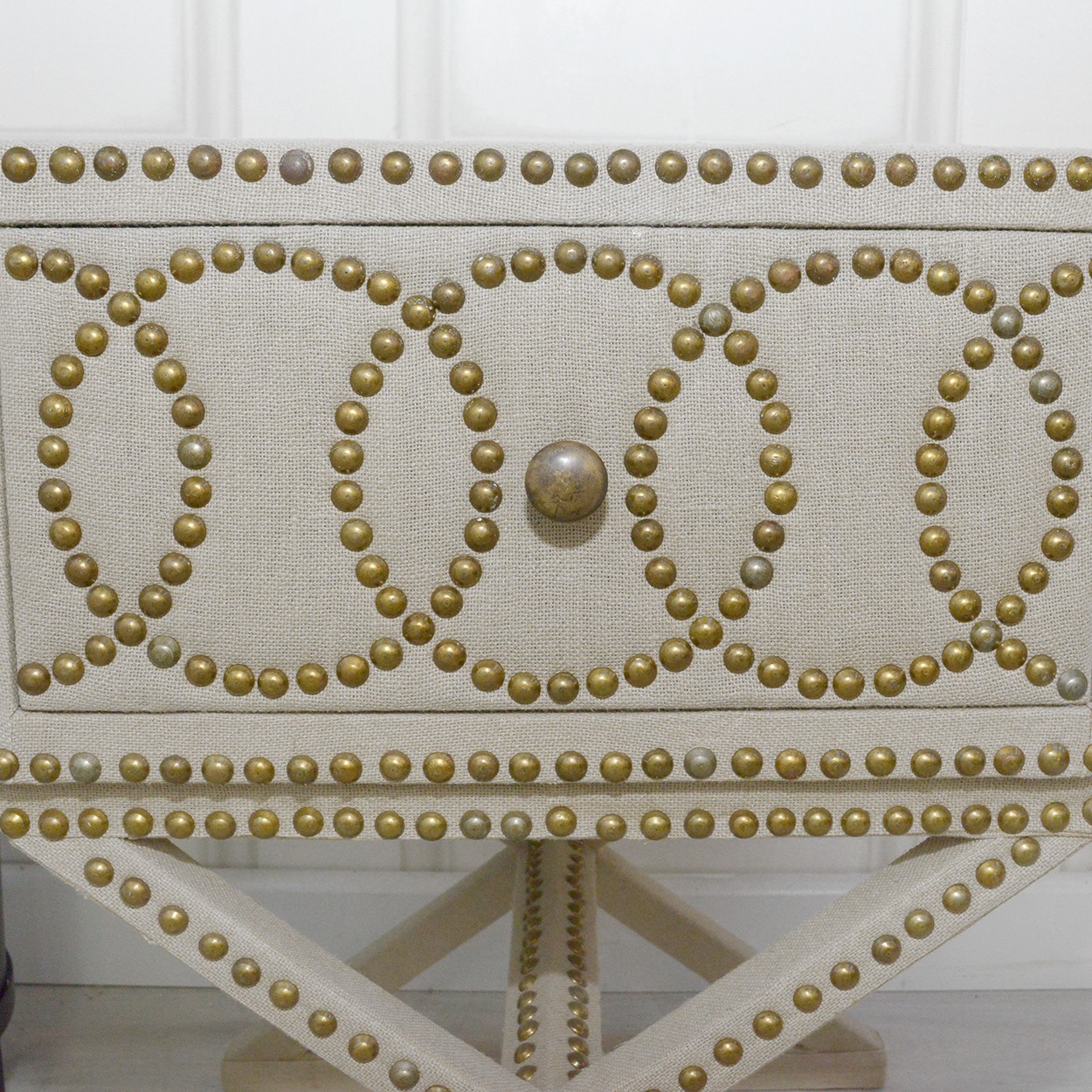 Studded Linen Cross Leg Bedside Table Nicky Cornell