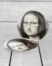 Set of 2 Black and White Mona Lisa Face 10" Ceramic Plates - Glasses