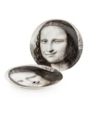 Set of 2 Black and White Mona Lisa Face 10" Ceramic Plates - Wink