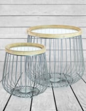 Set of 2 Iron, Wood and Glass Round Side Tables