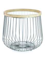 Set of 2 Iron, Wood and Glass Round Side Tables