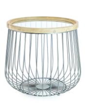 Set of 2 Iron, Wood and Glass Round Side Tables