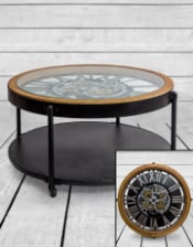 Industrial Wood and Iron Moving Gears Clock Coffee Table