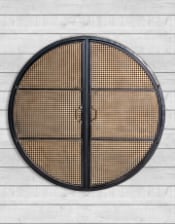 Antiqued Black Large Round Wall Cabinet with Metal Rattan Doors