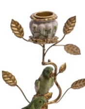 Antiqued Ornate Branch Green/Gold Parrot Pair Candle Holder