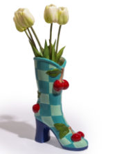 Large Blue Check w/ Cherries Ceramic Boot Vase