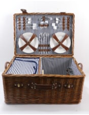 Luxury Pinstripe 4-Person Picnic Hamper w/ Leather Handles & Accessories