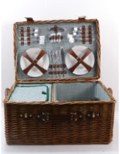 Luxury Gingham 4-Person Picnic Hamper w/ Leather Handles & Accessories