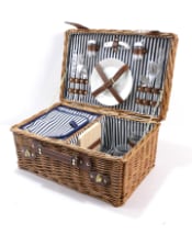 Luxury Pinstripe 2-Person Picnic Hamper w/ Leather Handles & Accessories