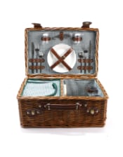 Luxury Gingham 2-Person Picnic Hamper w/ Leather Handles & Accessories