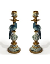 Pair of Antiqued Ornate Blue/White Parrot Candle Holder