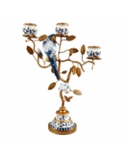 Antiqued Ornate Parrot Branch Blue/White Multi Candle Holder